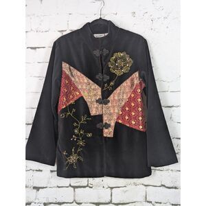VINTAGE UNITS Asian-Inspired Velvet Embroidered Sequined Frog Closure Jacket MED